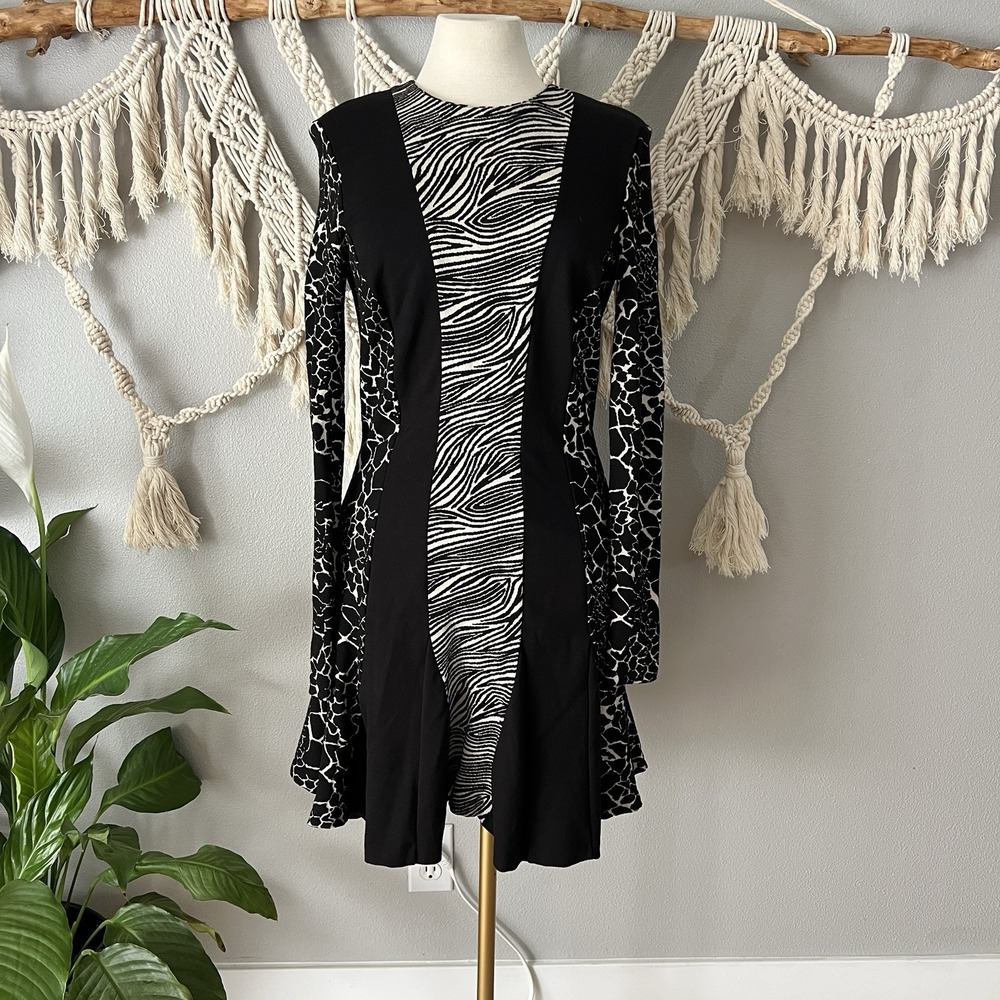 Artelier Nicole Miller Womens Animal Print Long Sleeve Zip Up Dress Black Medium